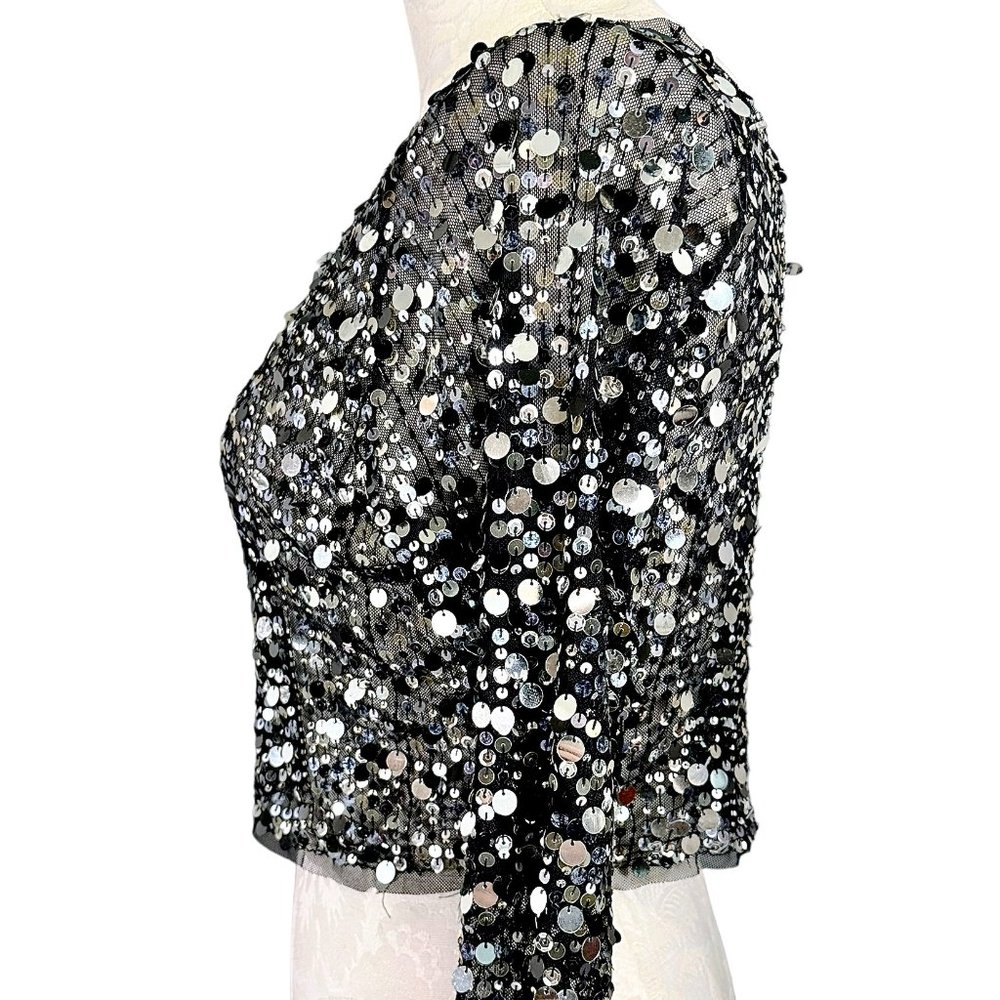 havenbleu Black Sheer Silver Sequin Cropped Long Sleeve Top Small - Picture 6 of 14